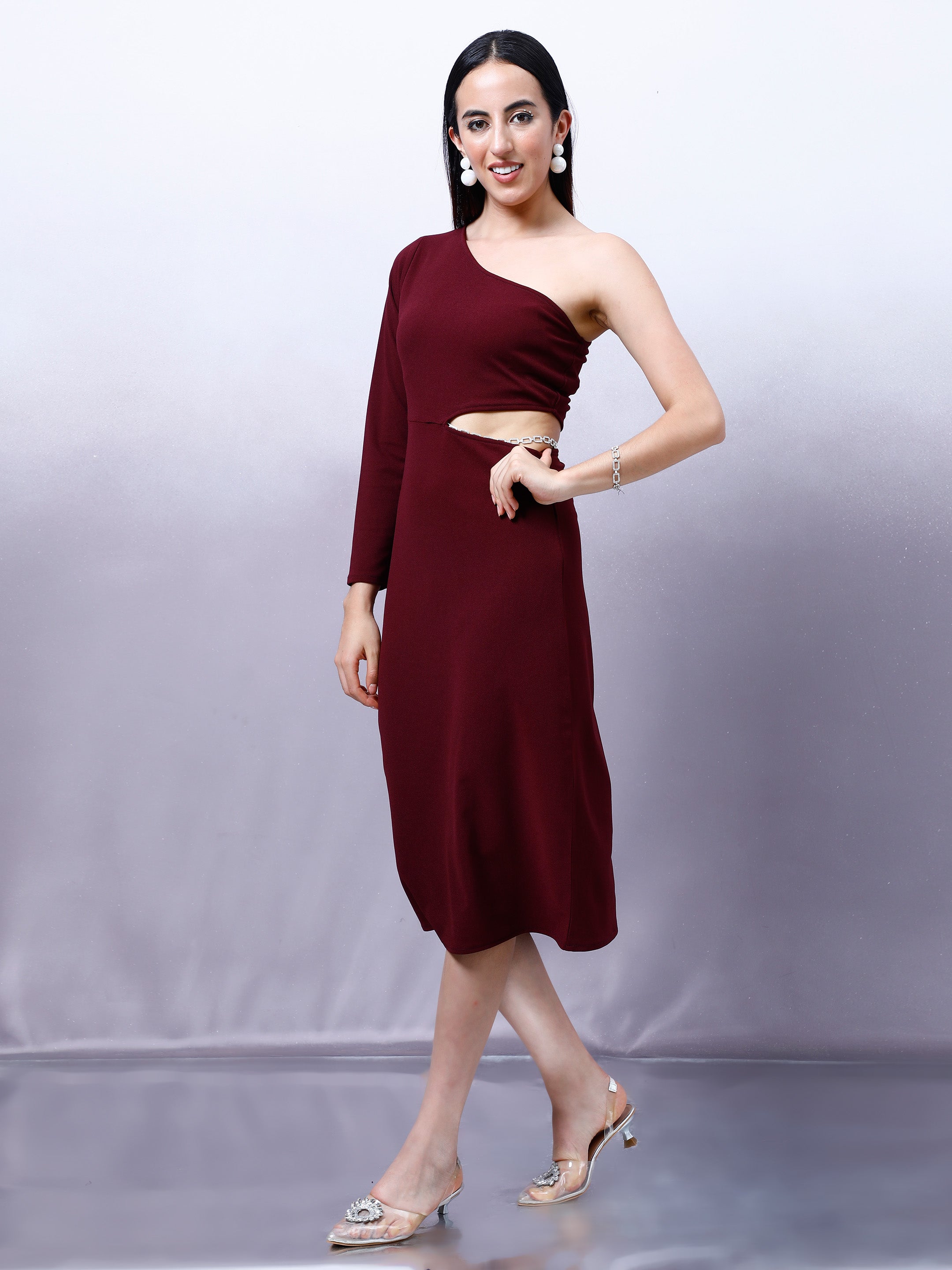 Athena Women Embellished One Shoulder Scuba Bodycon Midi Dress