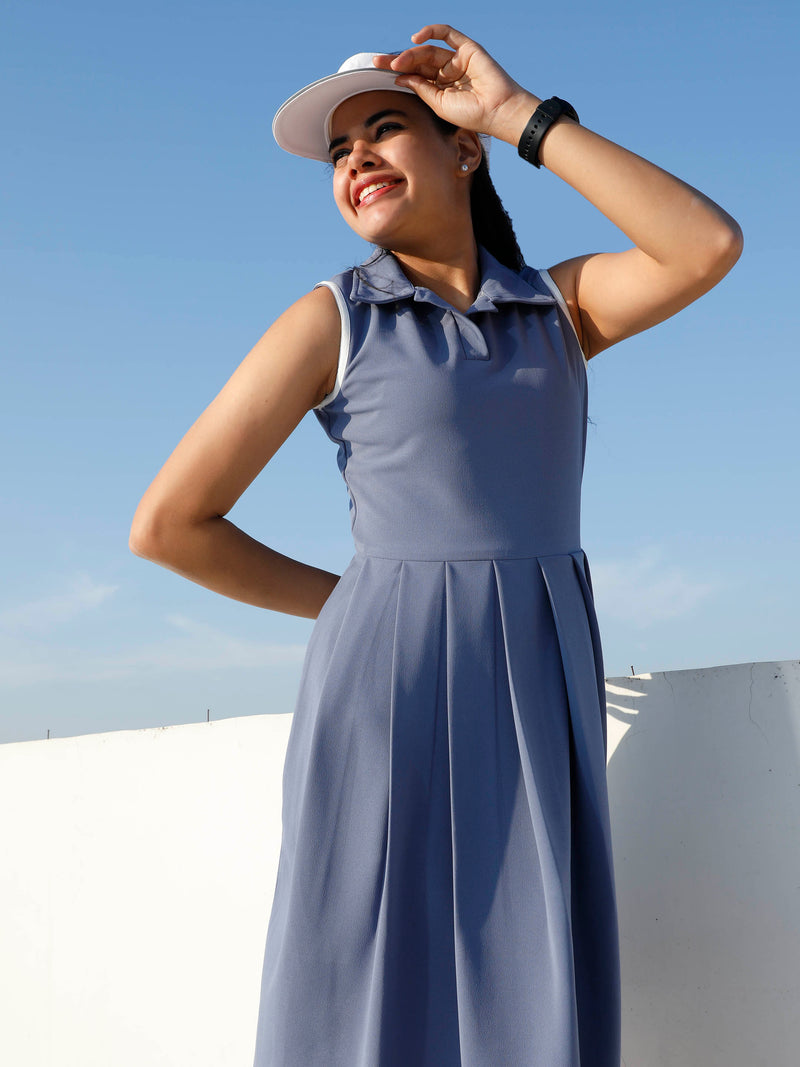 Athena Blue Solid Fit & Flare Dress