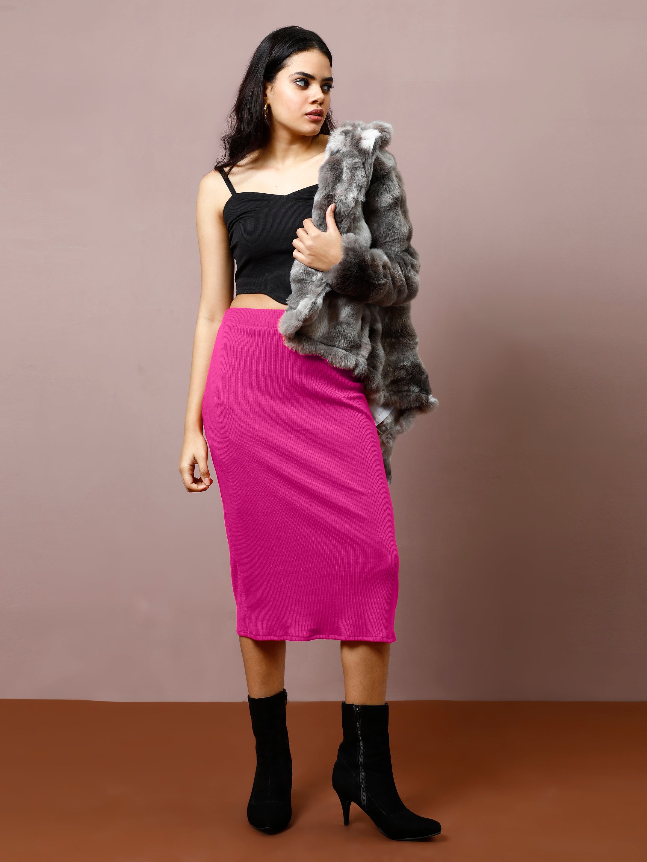 Athena Women Ribbed Pencil Midi Skirt