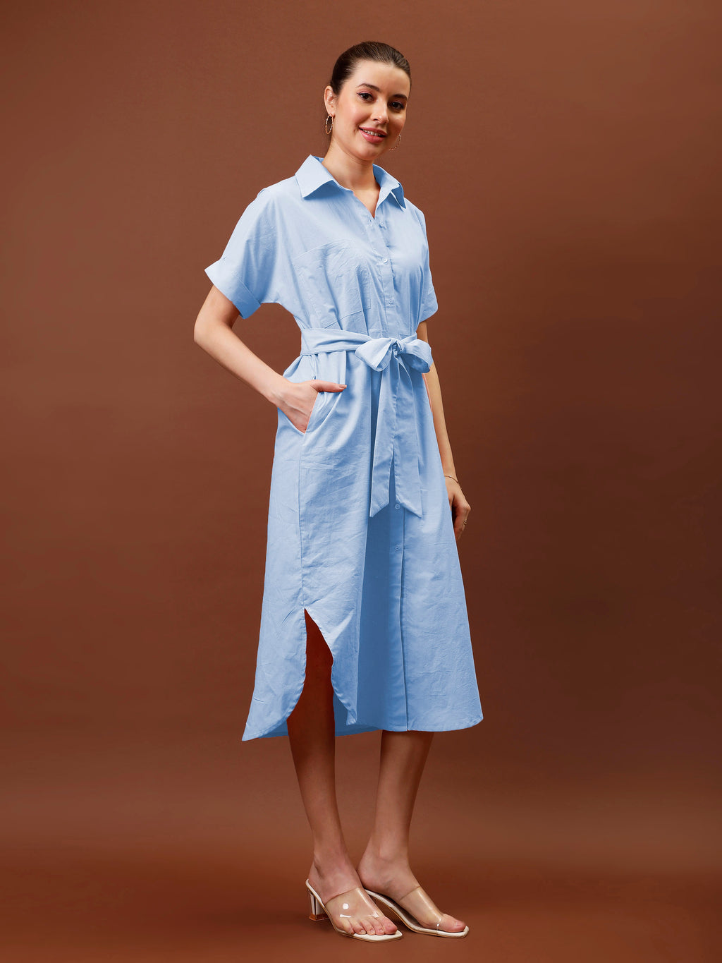 Athena Immutable Shirt-Collar Curved Hem Midi Dress