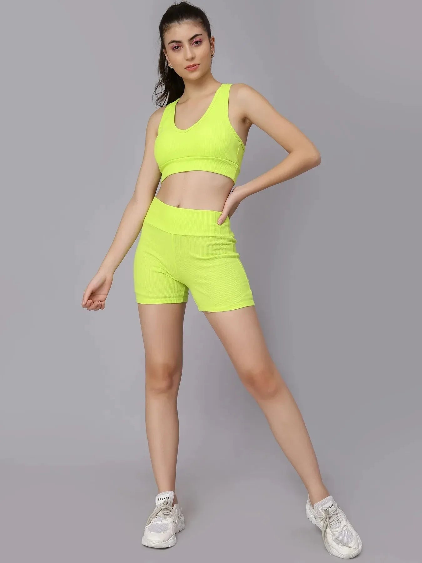 Rib Knit Two Piece Athleisure Set - Neon