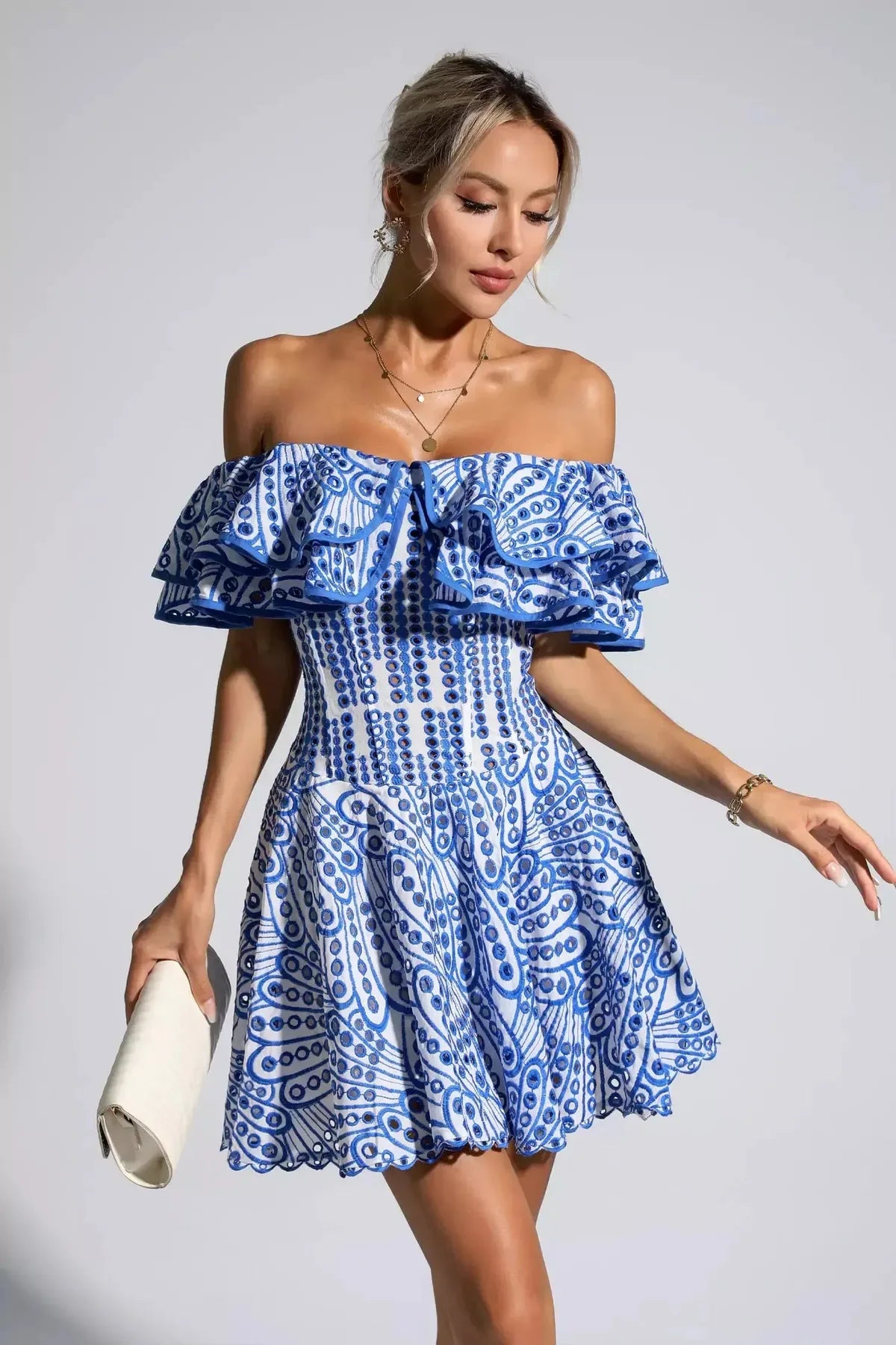 Cutout Ruffle Mini Dress - Blue