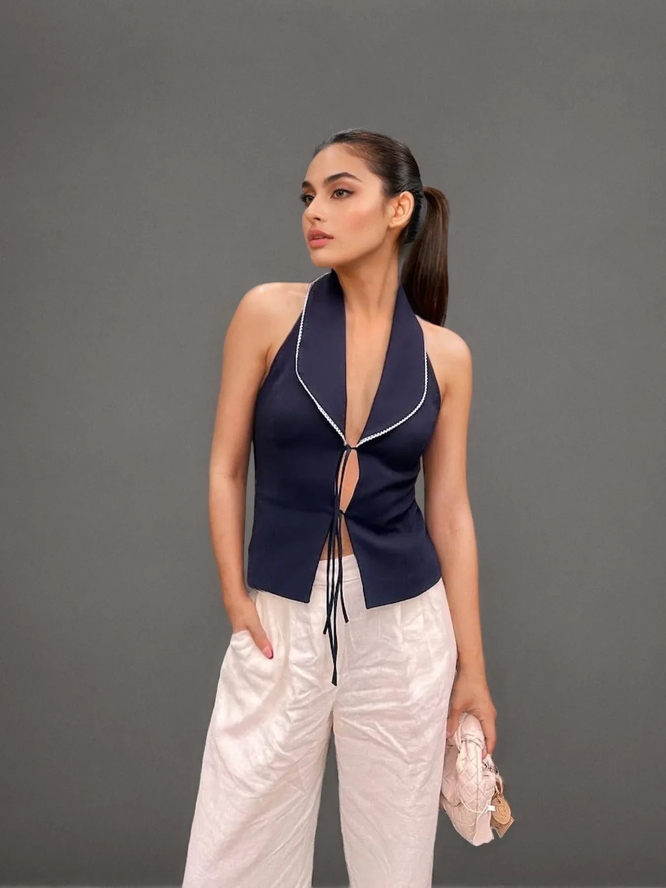 Tied Halter Top - Navy