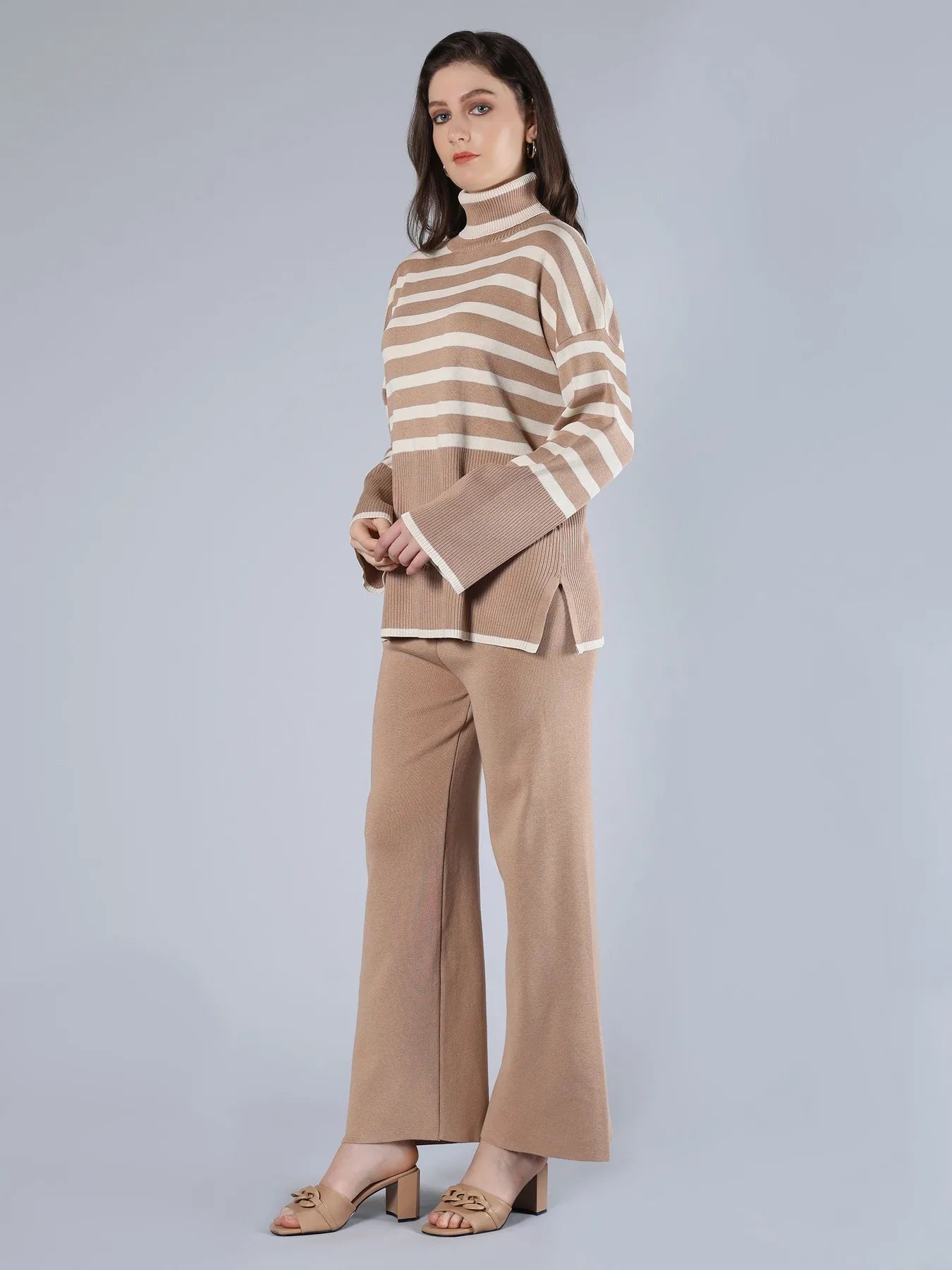 Striped Knitted Two Piece Set - Beige