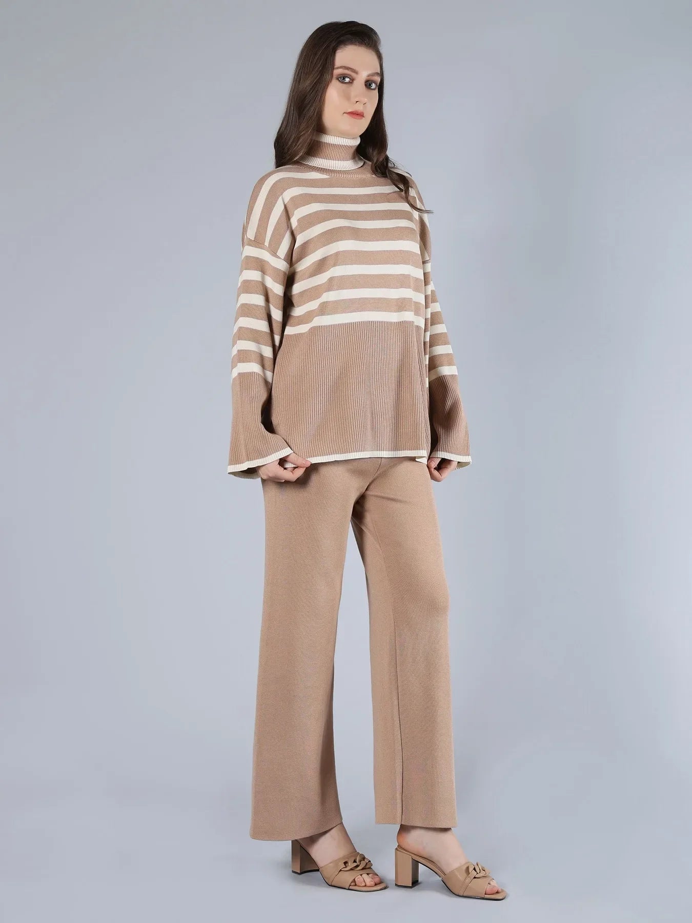 Striped Knitted Two Piece Set - Beige