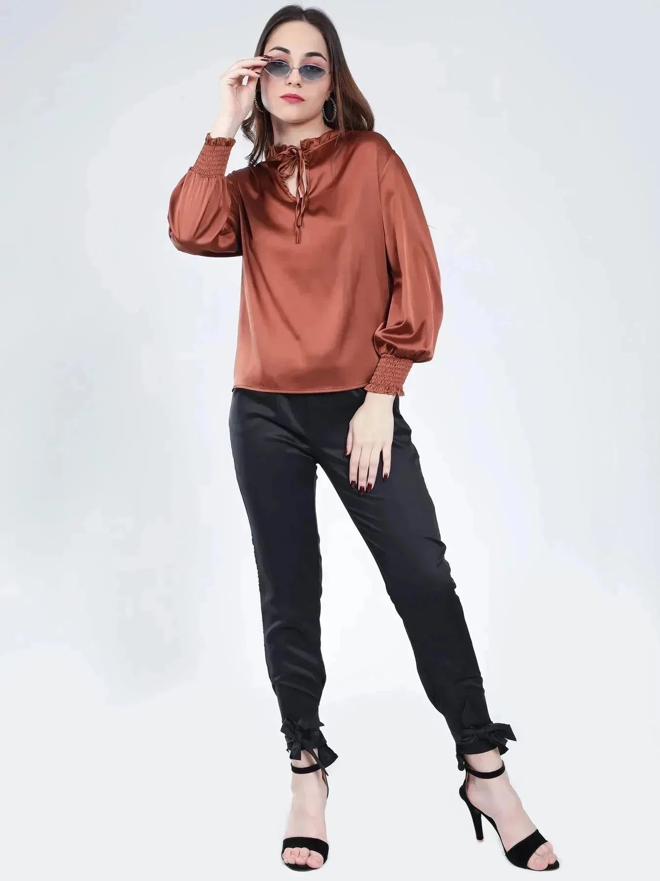Tie Neck Satin Top - Coffee Brown