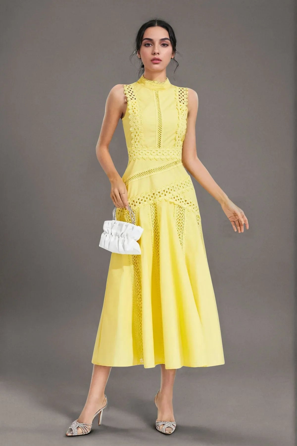 Sleeveless Lace Dress - Yellow