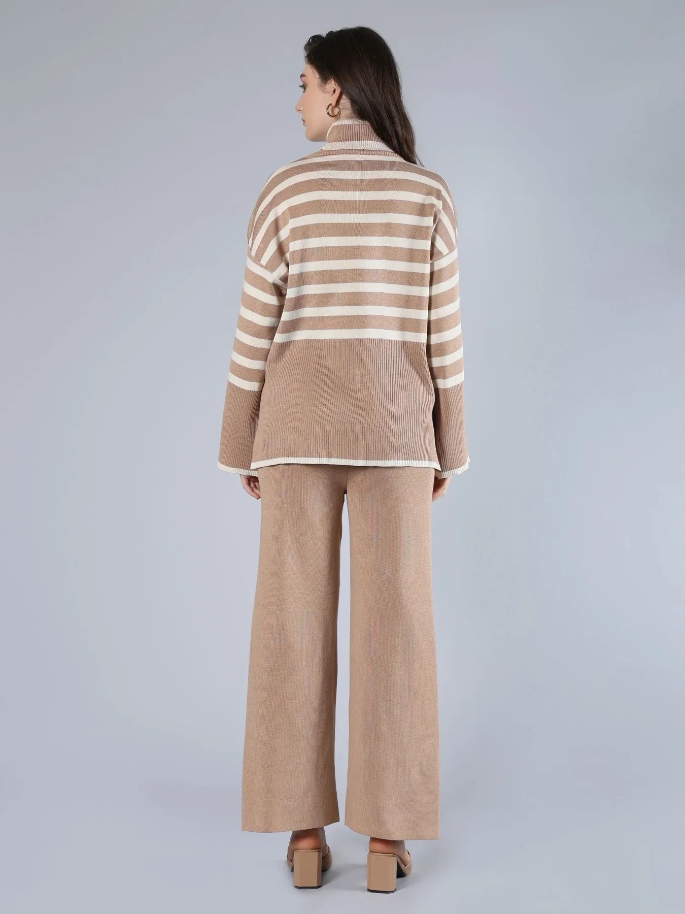 Striped Knitted Two Piece Set - Beige