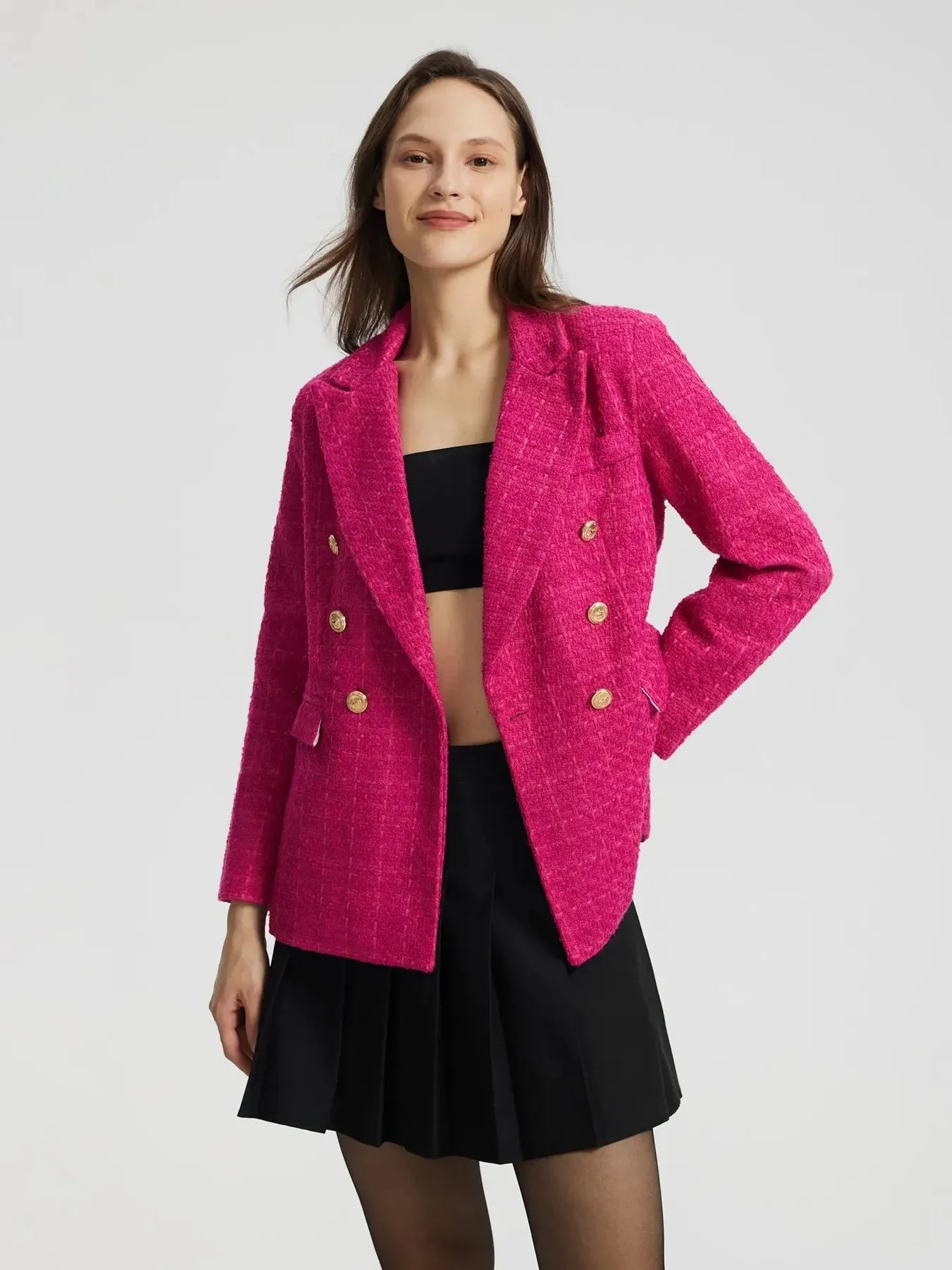 Plaid Tweed Blazer - Fuschia