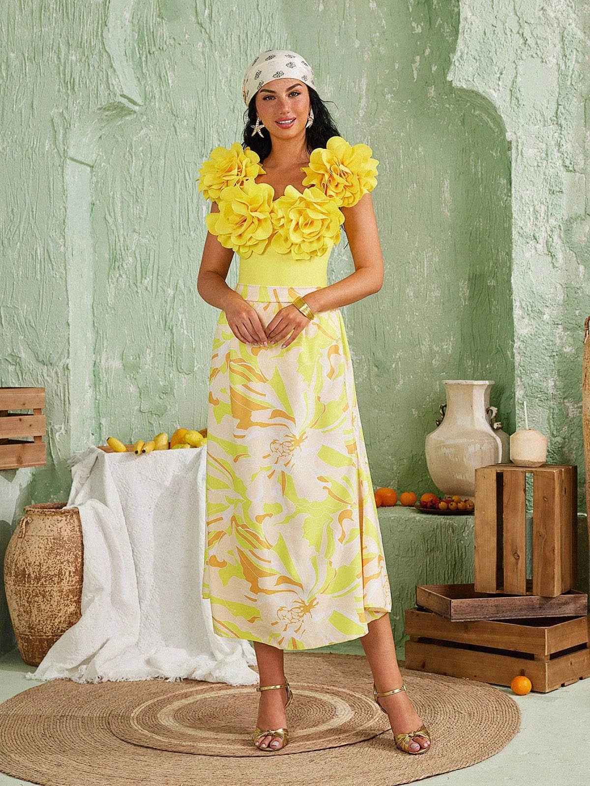 Flower Monokini With Skirt - Yellow