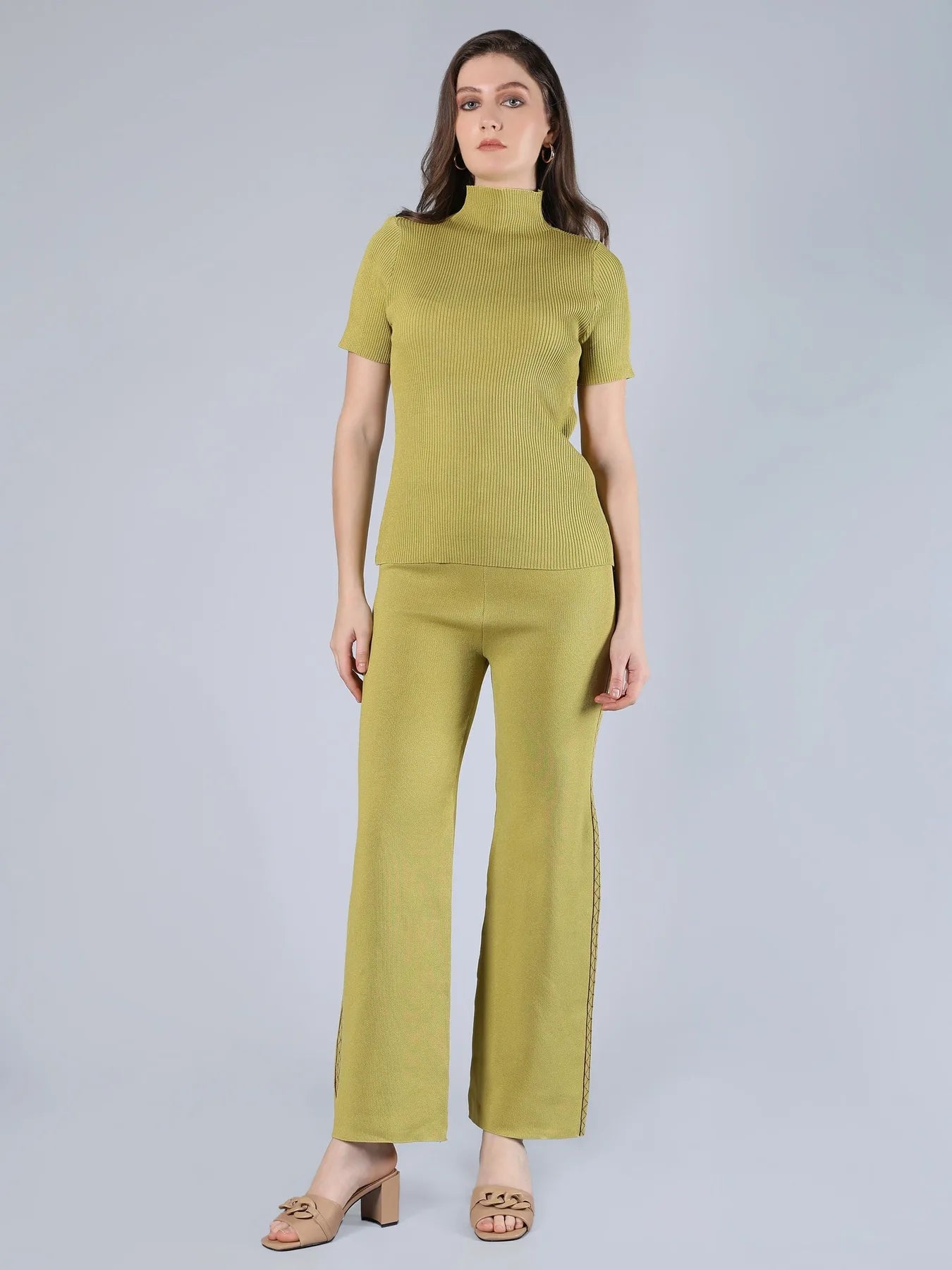Warm Knitted Three Piece Set - Olive