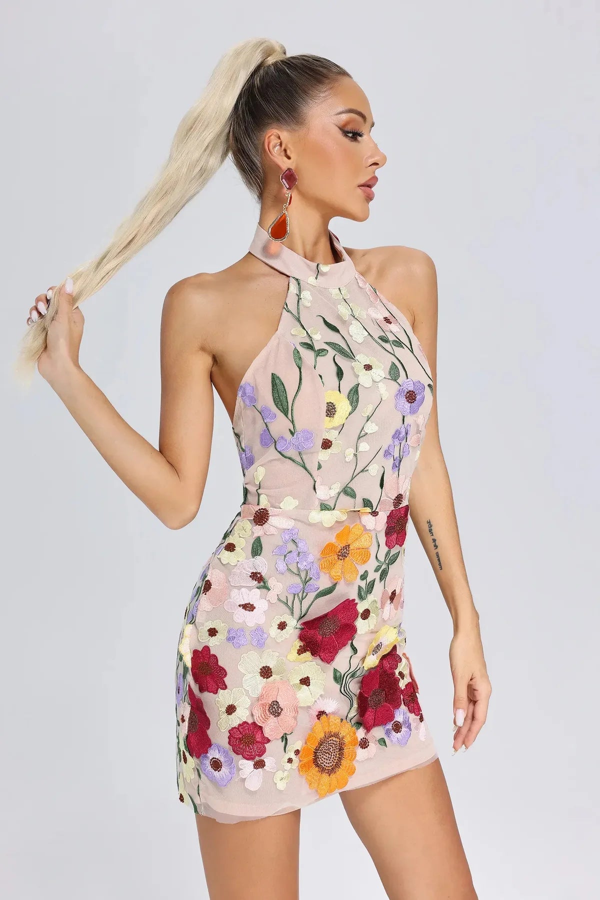 Mock Neck Short Dress - Nude