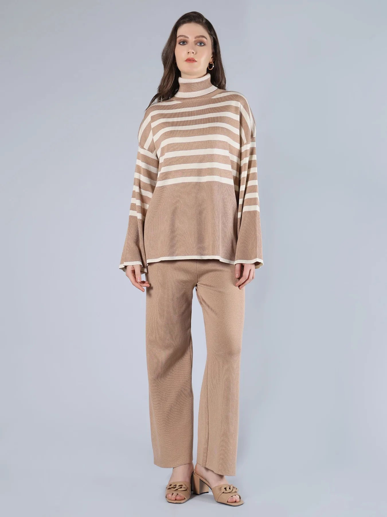 Striped Knitted Two Piece Set - Beige