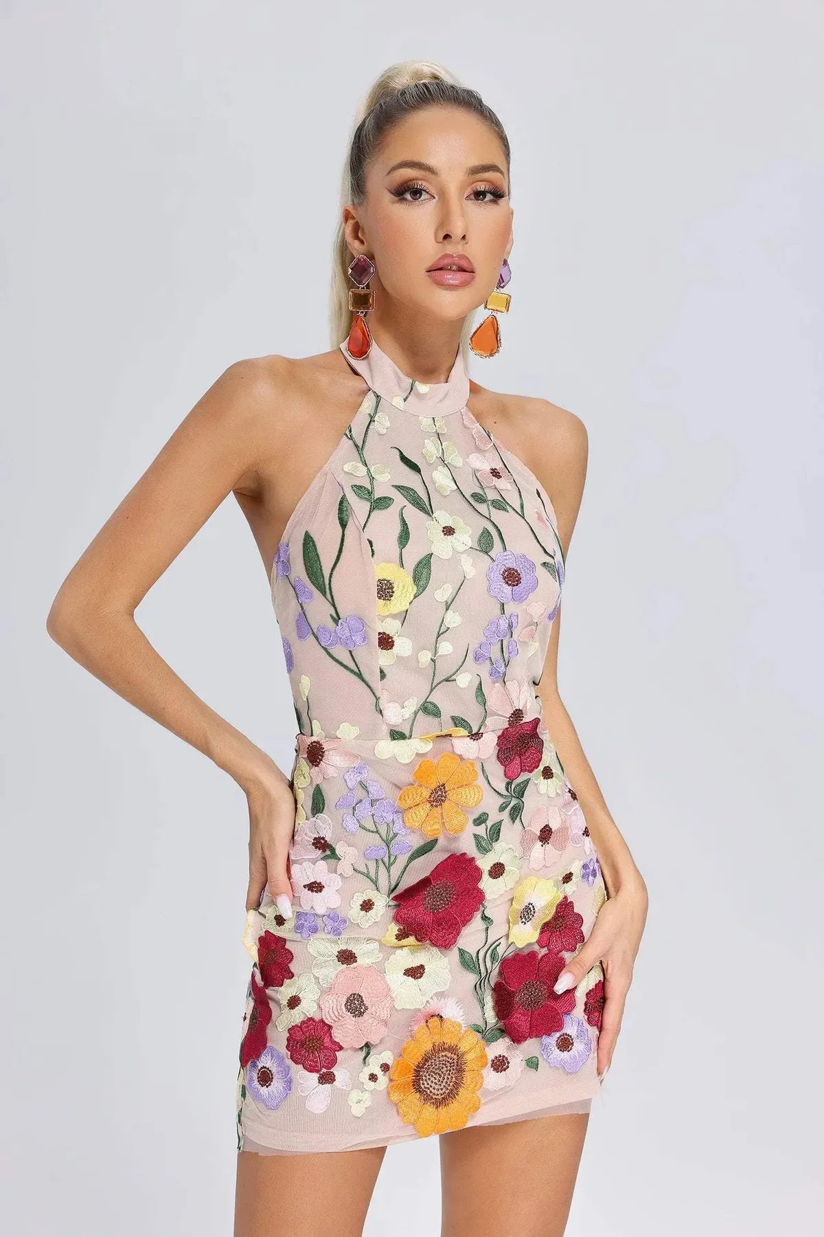Mock Neck Short Dress - Nude