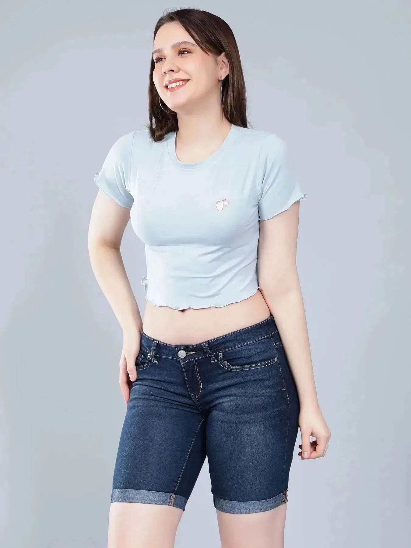 Strawberry Embroidery Crop Tee - Sky Blue