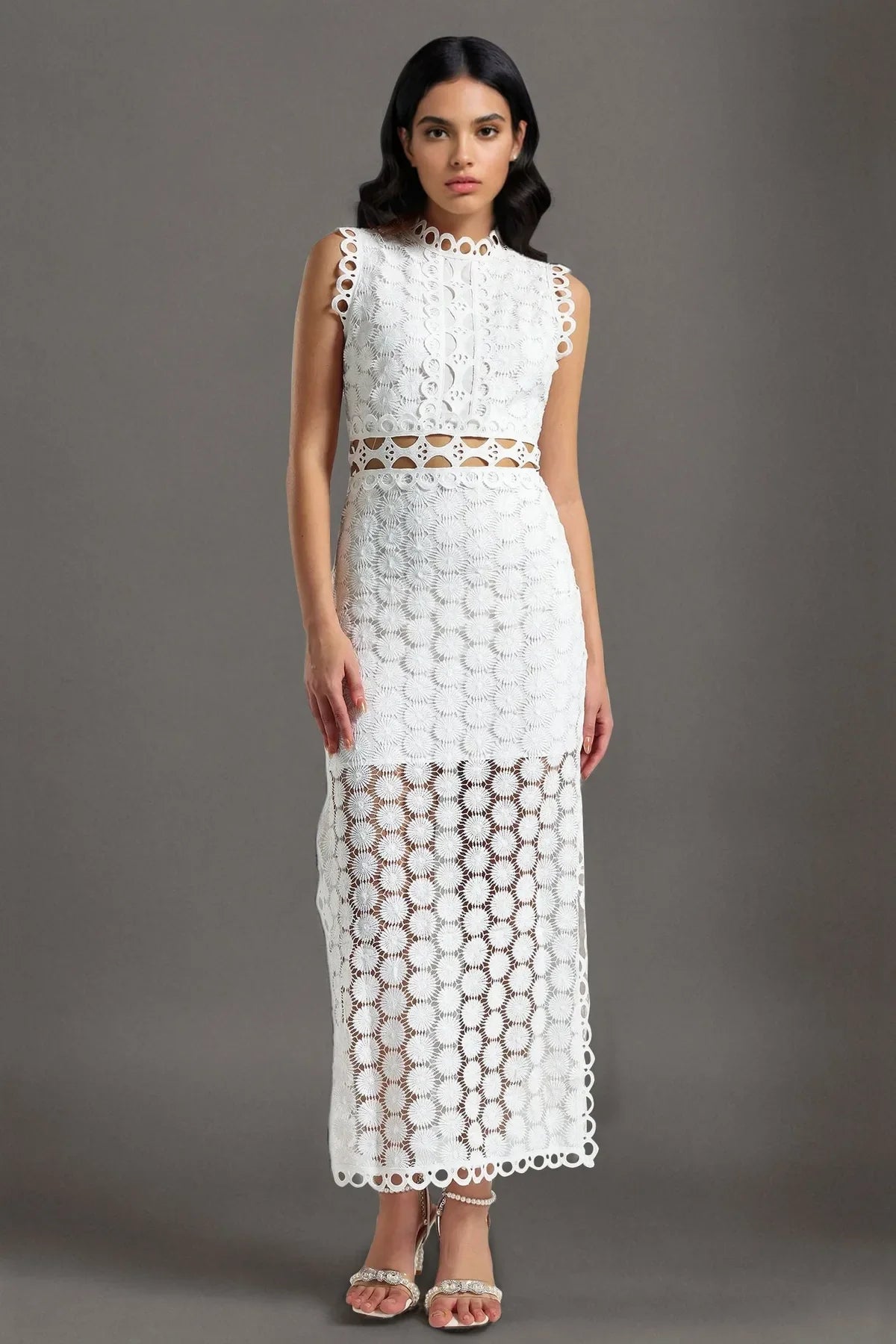 Lace Sleeveless Maxi Dress - White