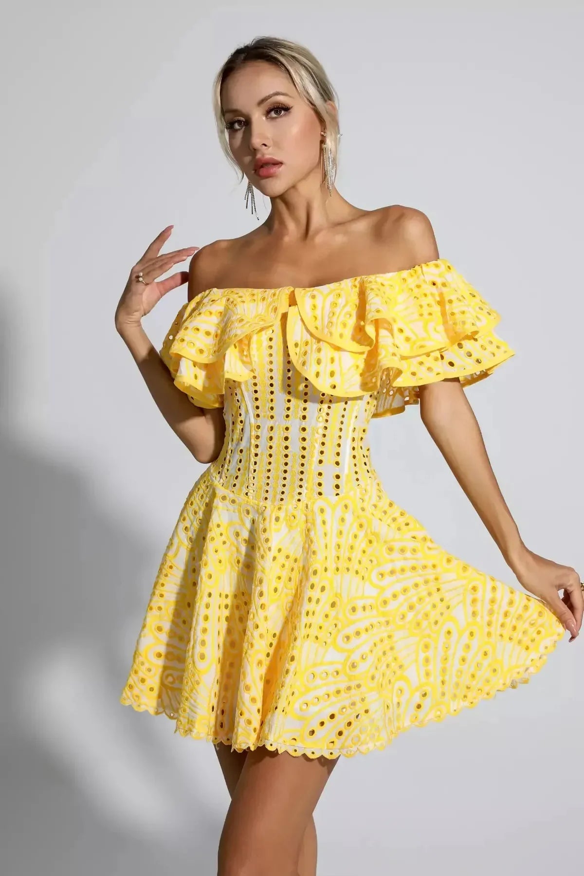 Cutout Ruffle Mini Dress - Yellow
