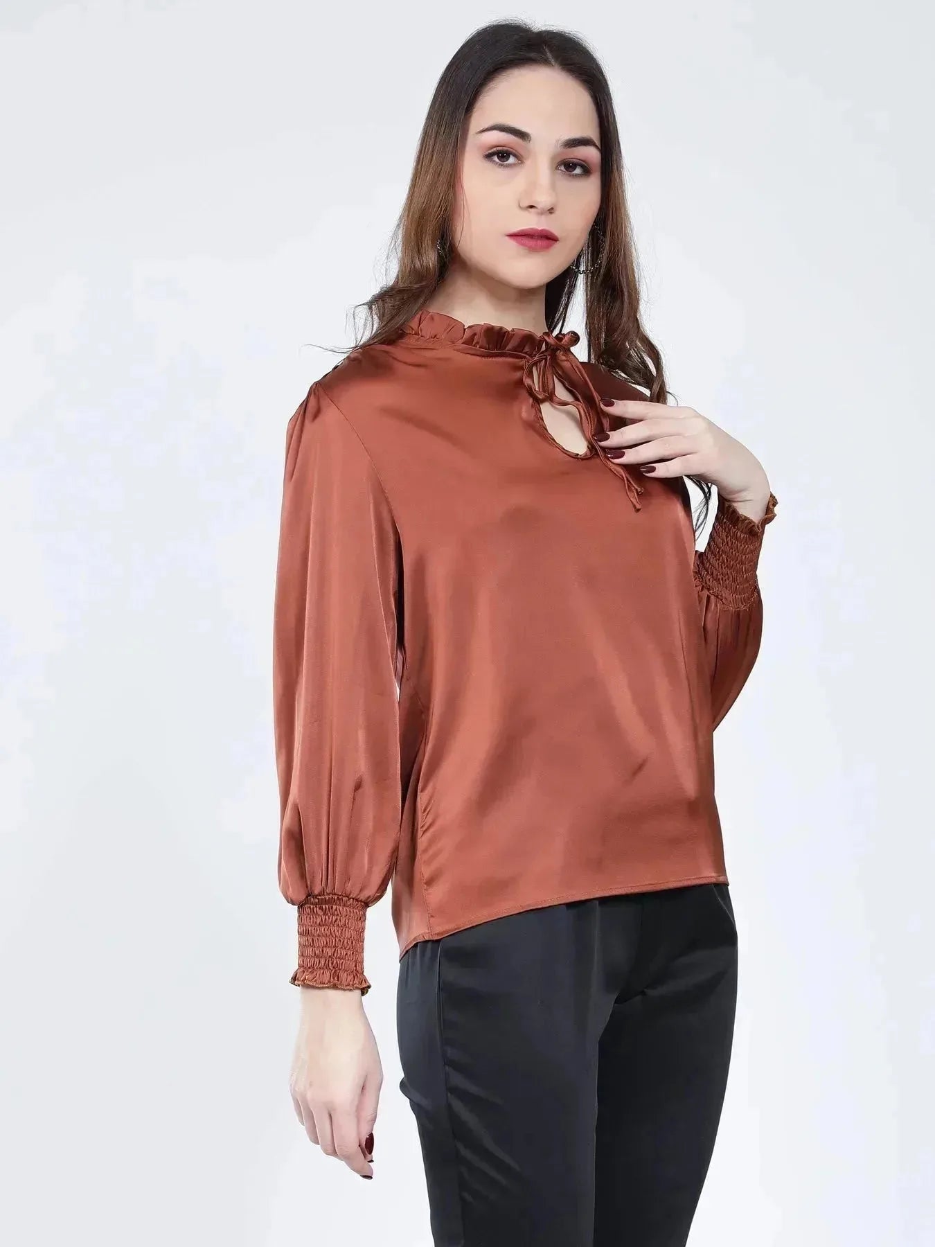 Tie Neck Satin Top - Coffee Brown