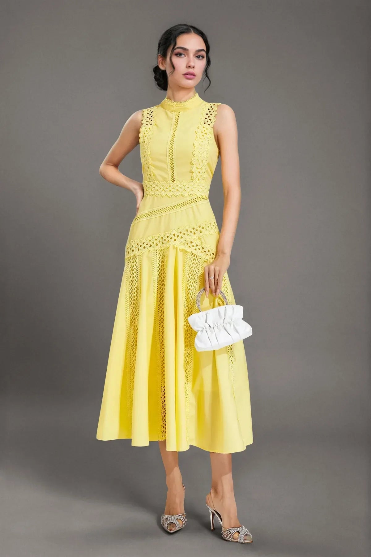 Sleeveless Lace Dress - Yellow