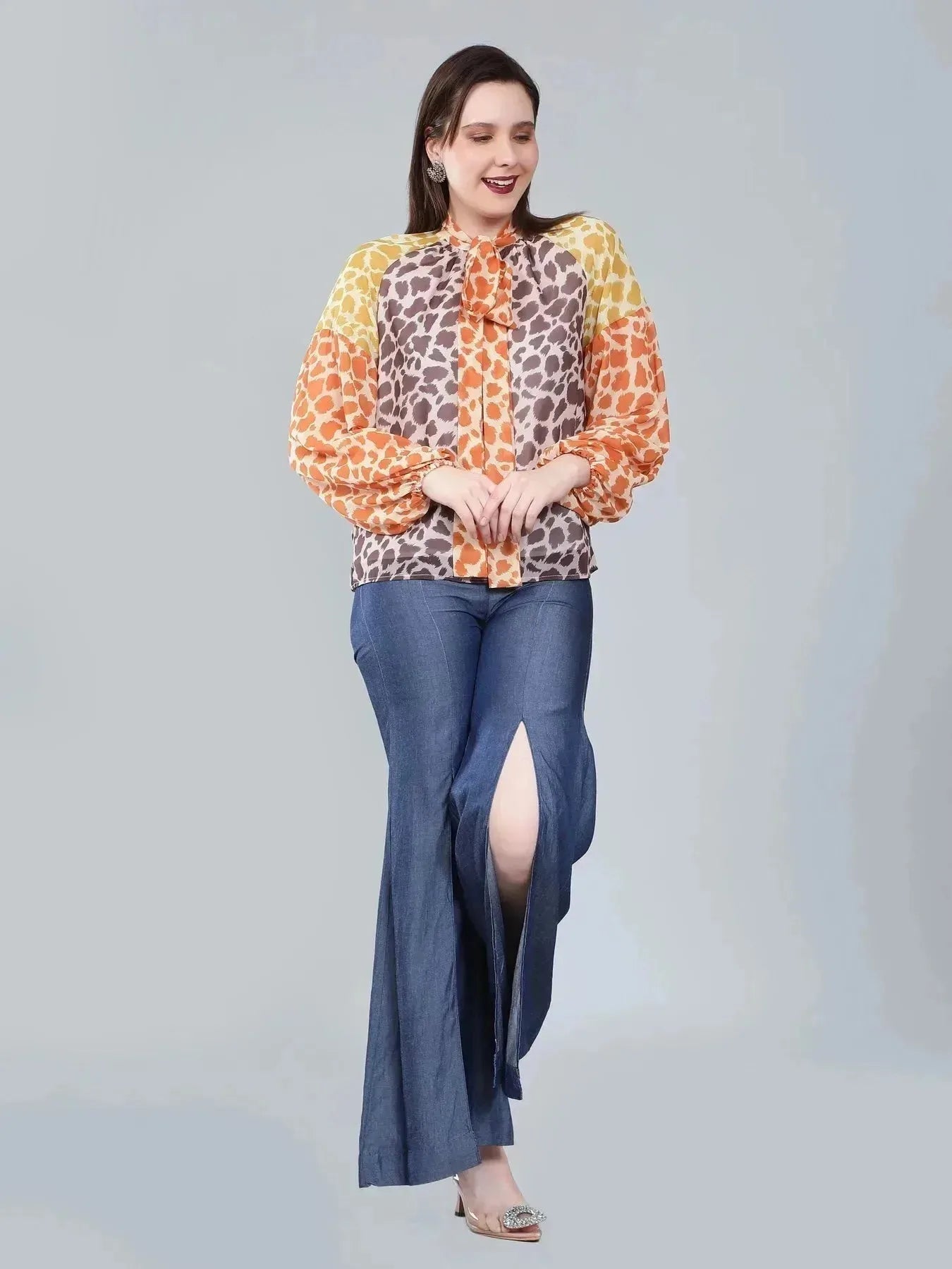 Leopard Print Colorblock Tie Neck Blouse - Multi