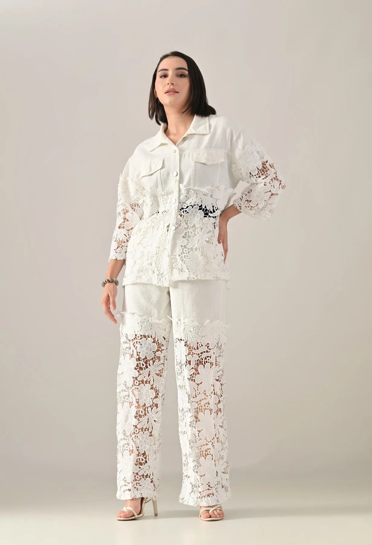 Lace Line Denim Co-ord Set - White