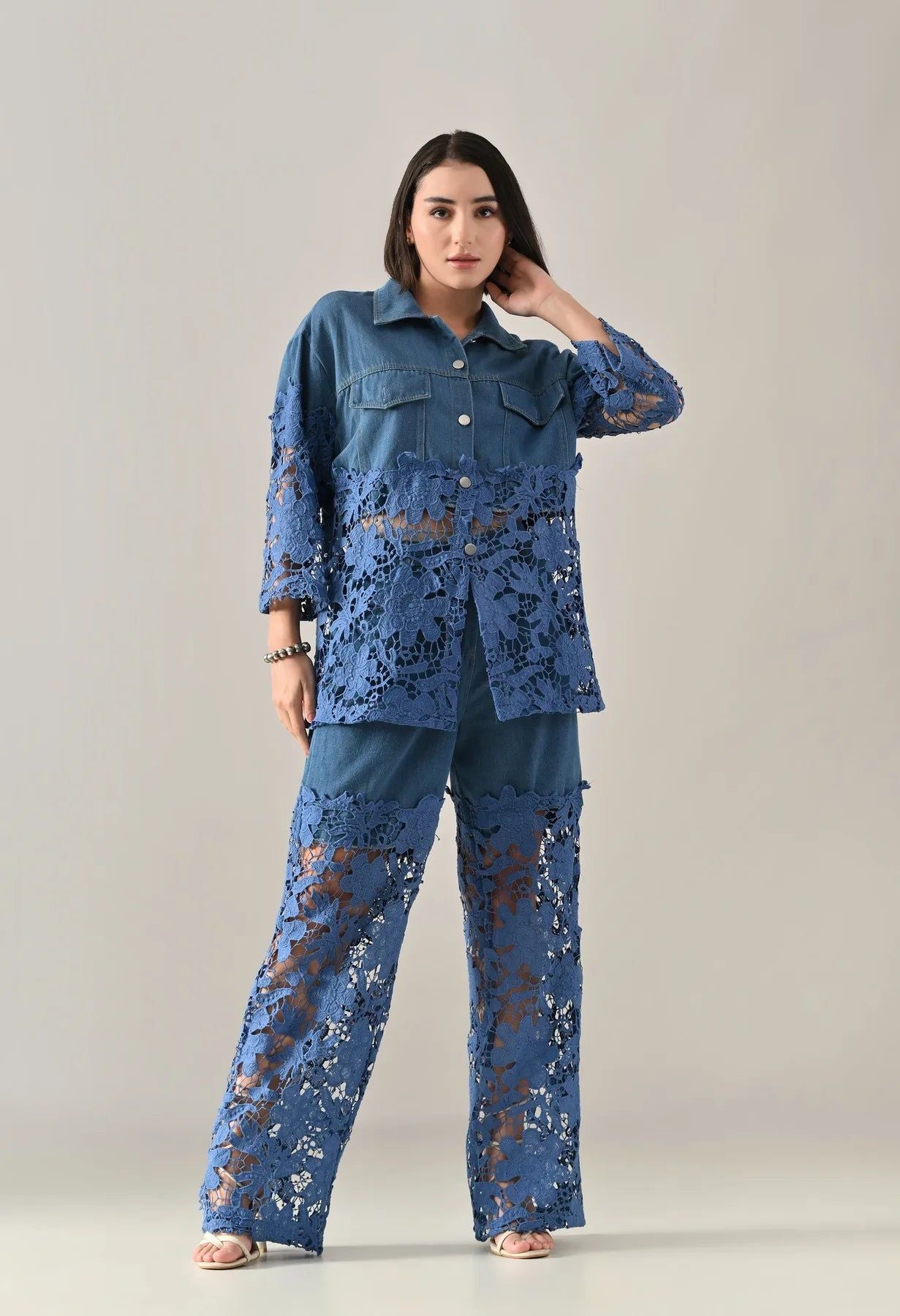 Lace Line Denim Co-ord Set - Blue