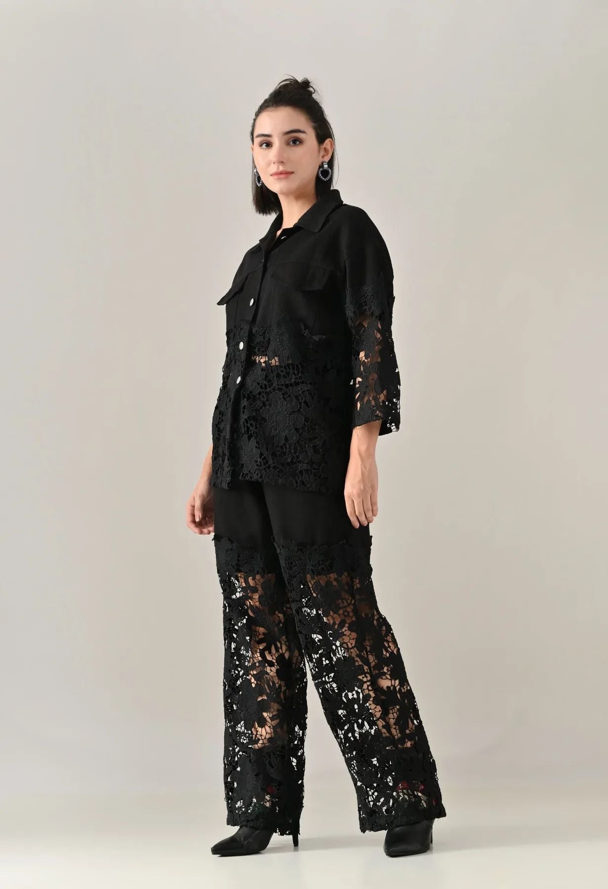 Lace Line Denim Co-ord Set - Black