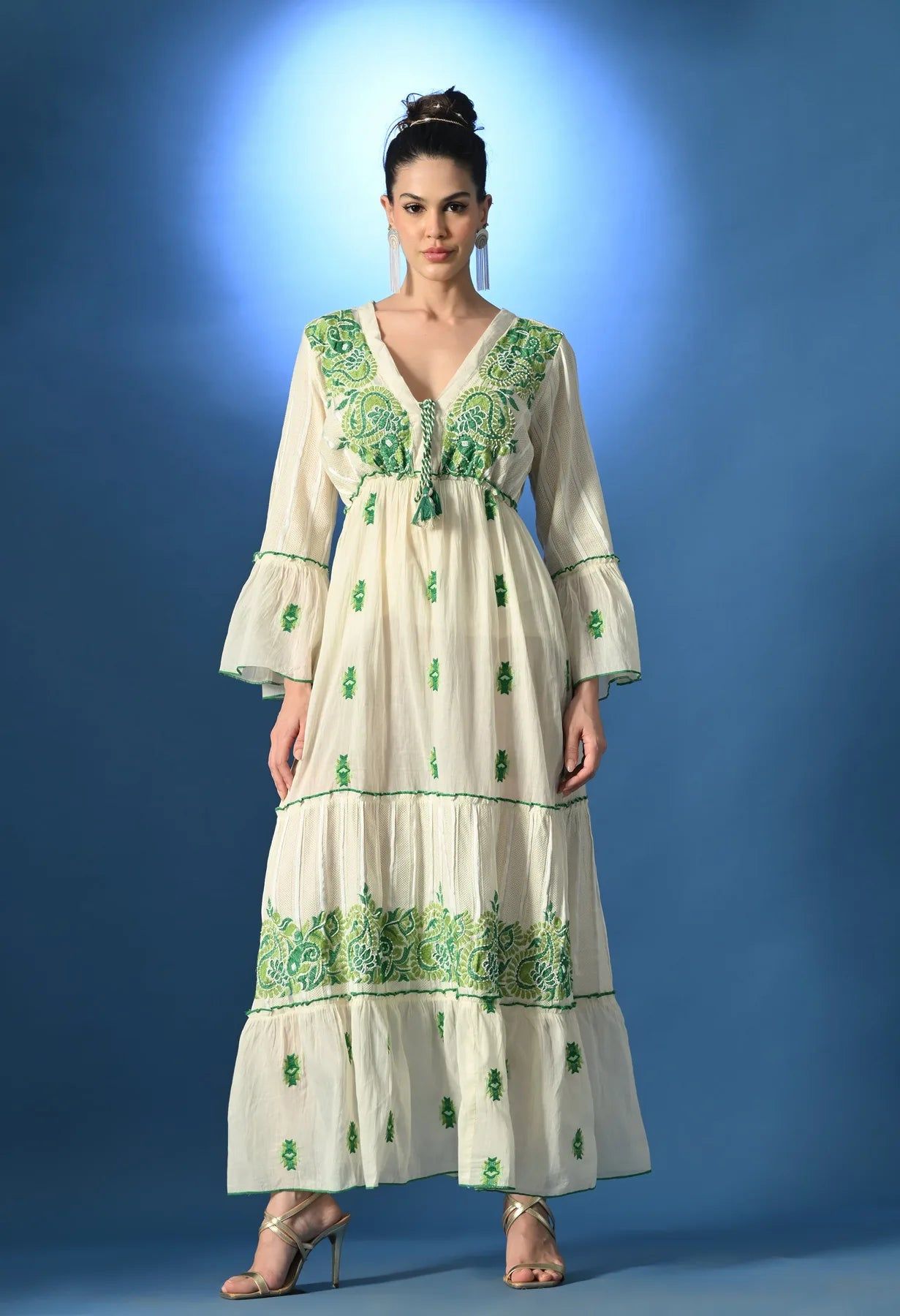 Aurora Jacquard Green Maxi Dress - Ivory
