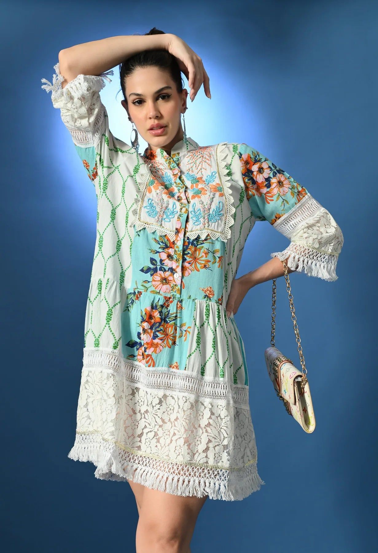 Blue Lace Whispers Short Dress - White