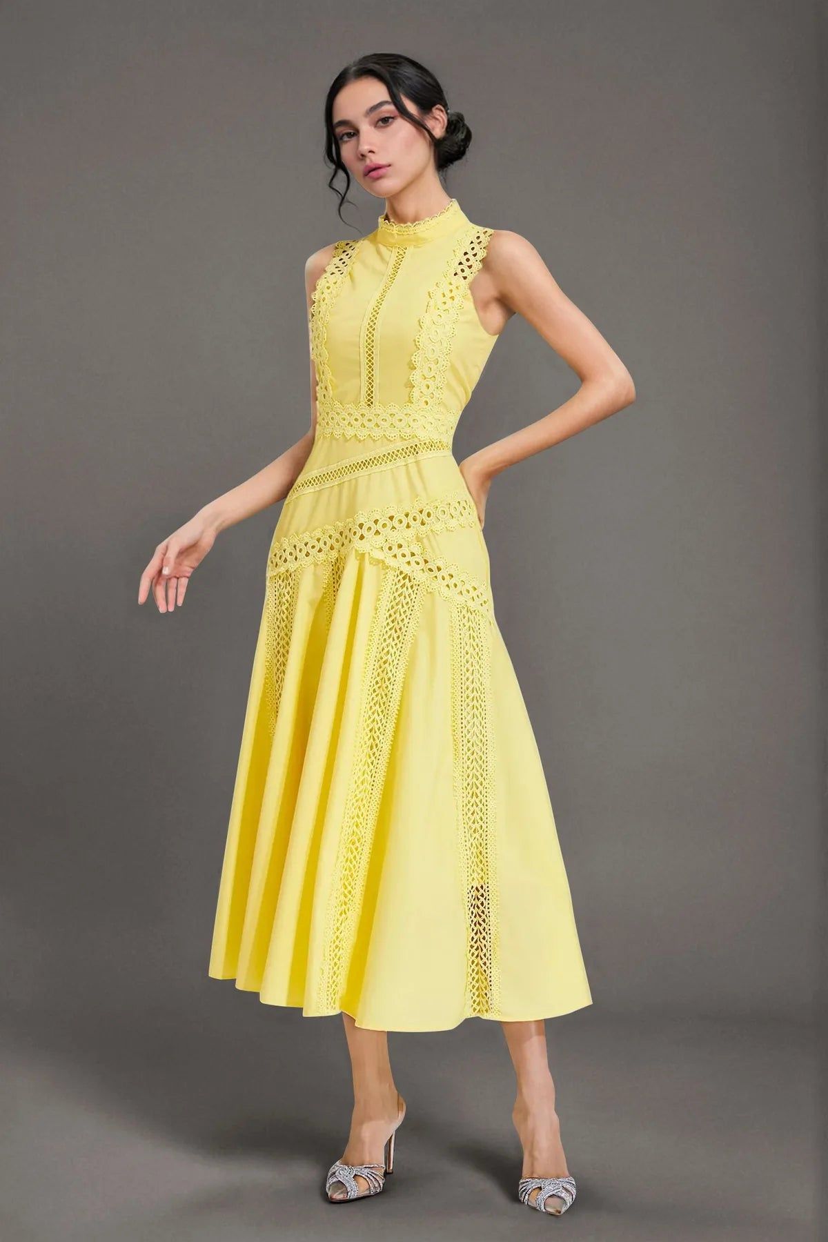 Sleeveless Lace Dress - Yellow