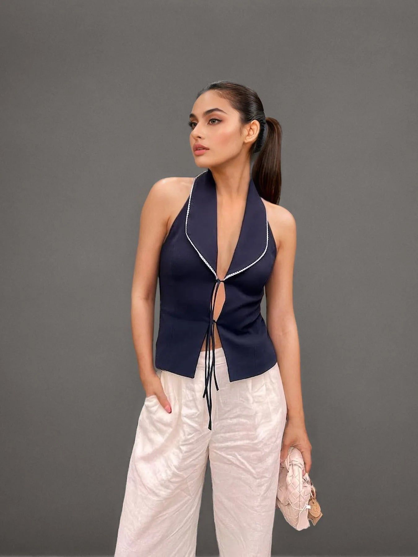 Tied Halter Top - Navy