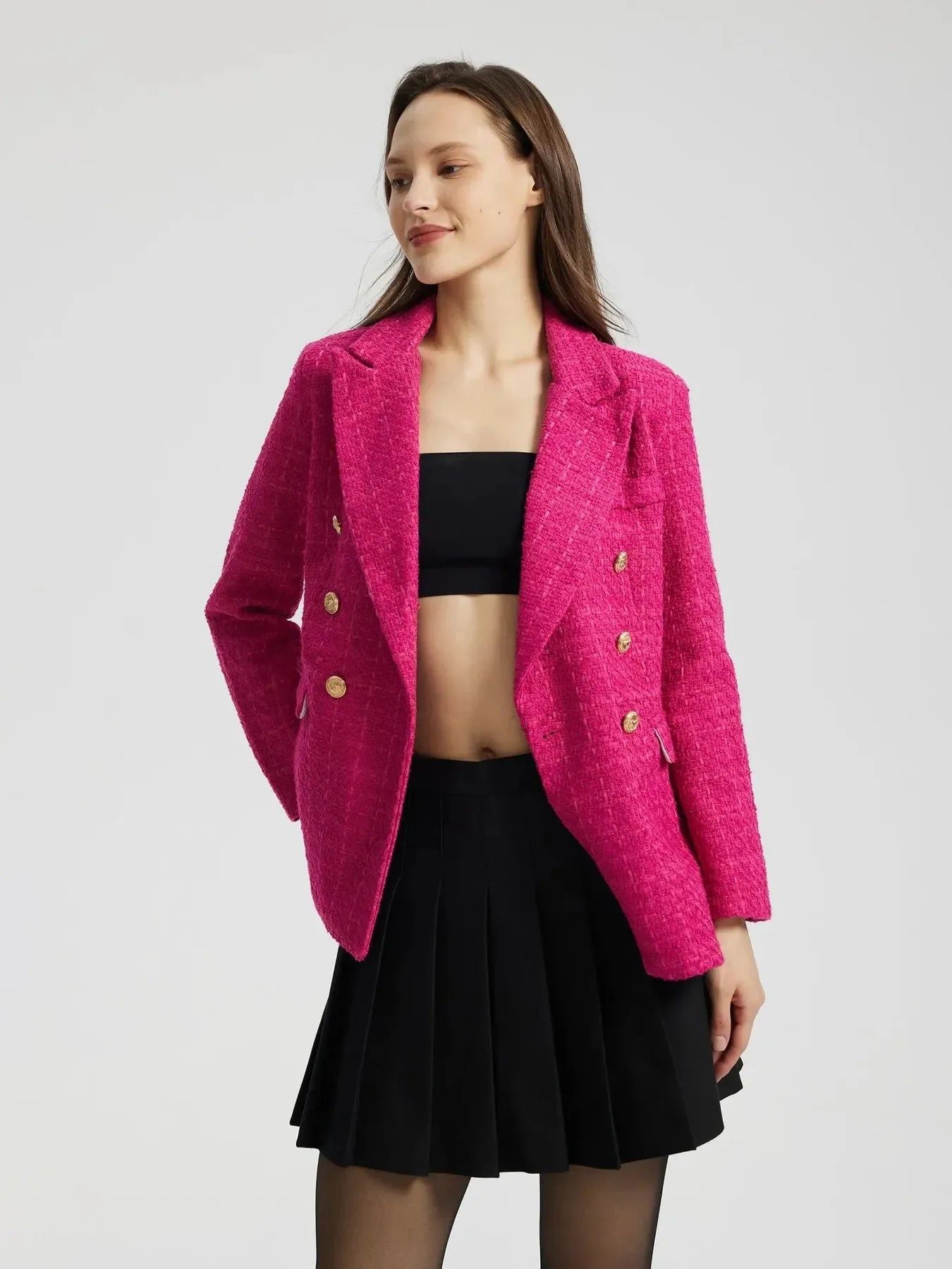 Plaid Tweed Blazer - Fuschia