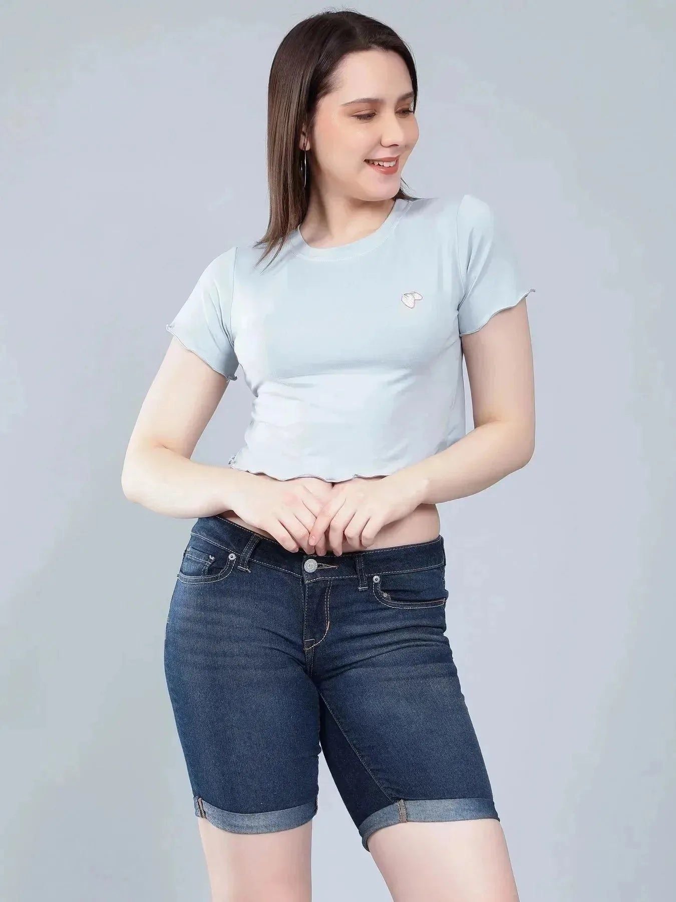 Strawberry Embroidery Crop Tee - Sky Blue
