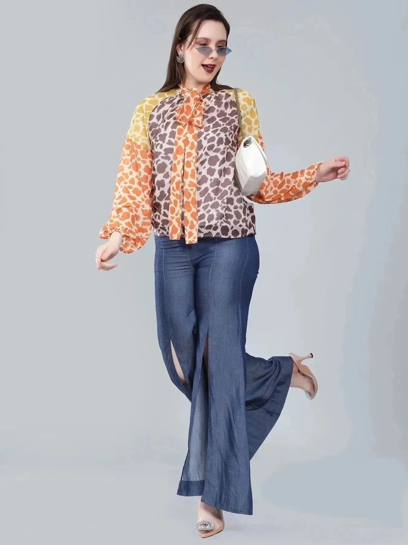 Leopard Print Colorblock Tie Neck Blouse - Multi