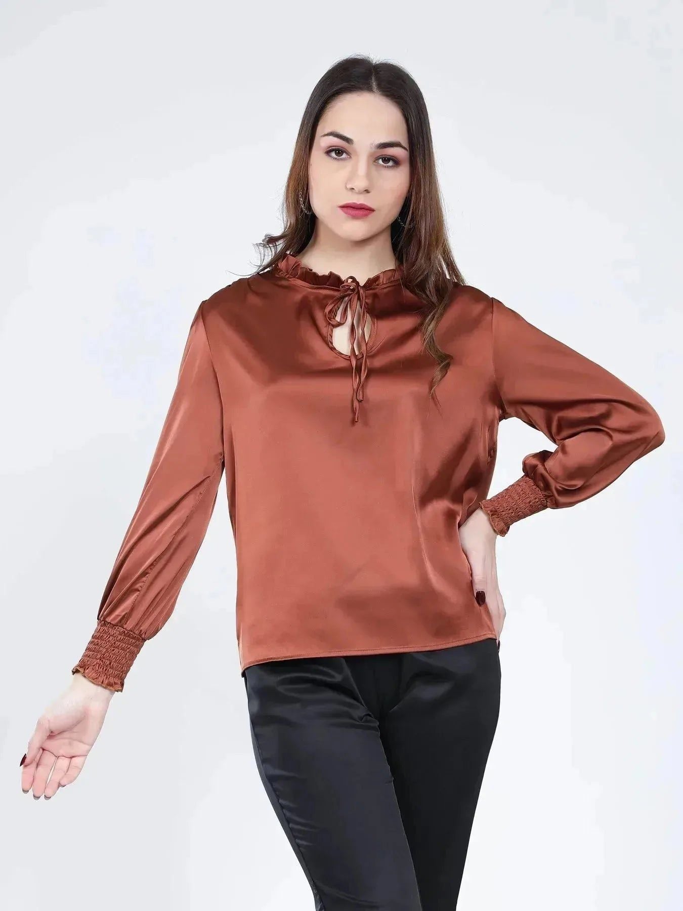Tie Neck Satin Top - Coffee Brown