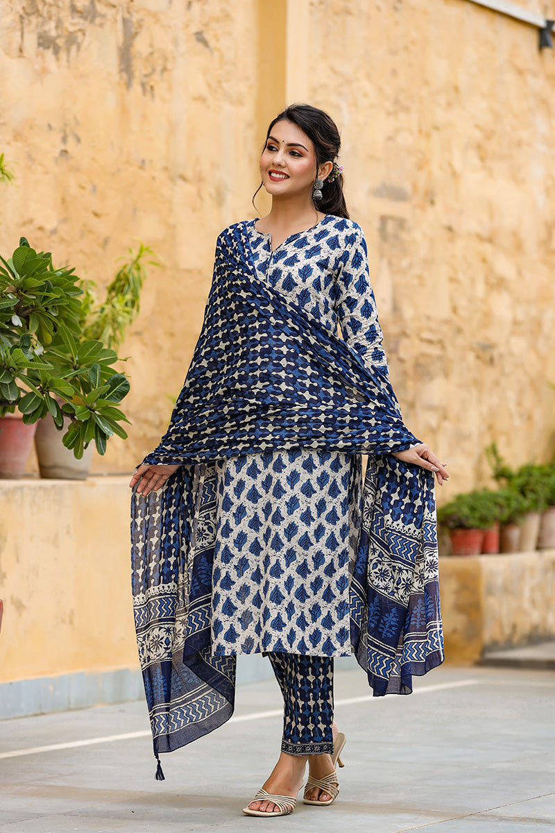 Off White Ethnic Motifs Printed Suit Set - Off White