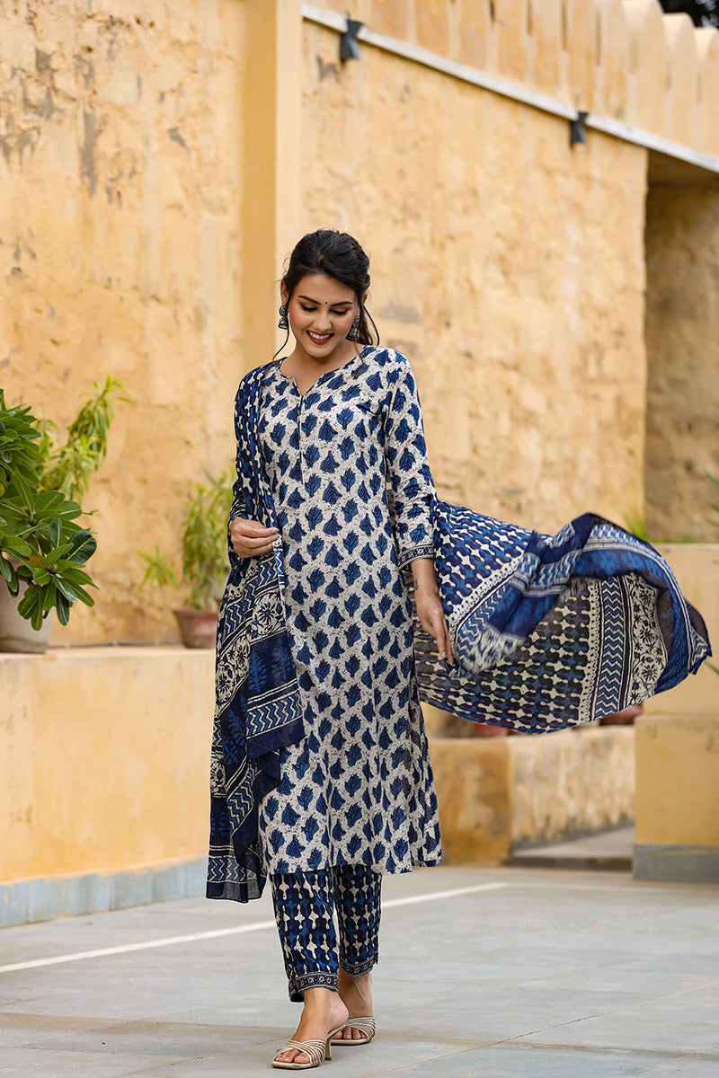 Off White Ethnic Motifs Printed Suit Set - Off White