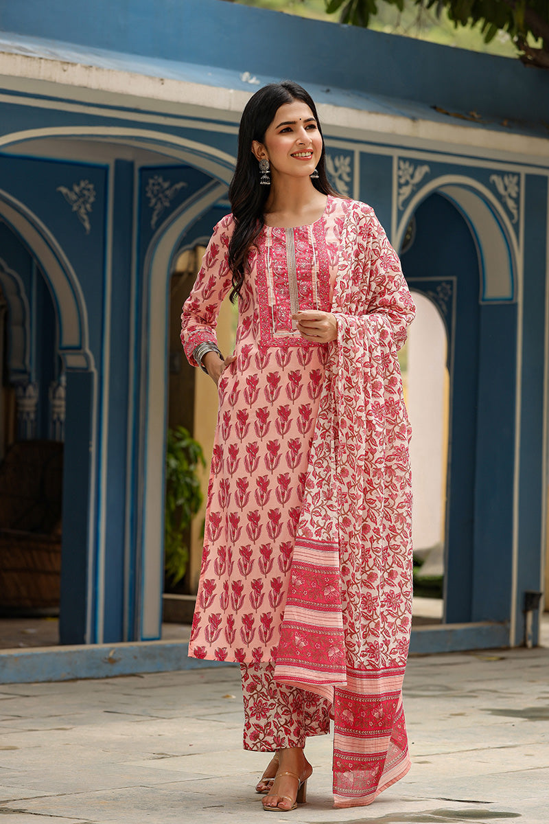 Pink Rayon Blend Floral Printed Straight Suit Set - Pink