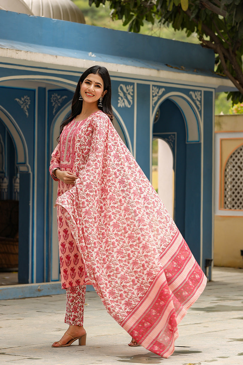 Pink Rayon Blend Floral Printed Straight Suit Set - Pink