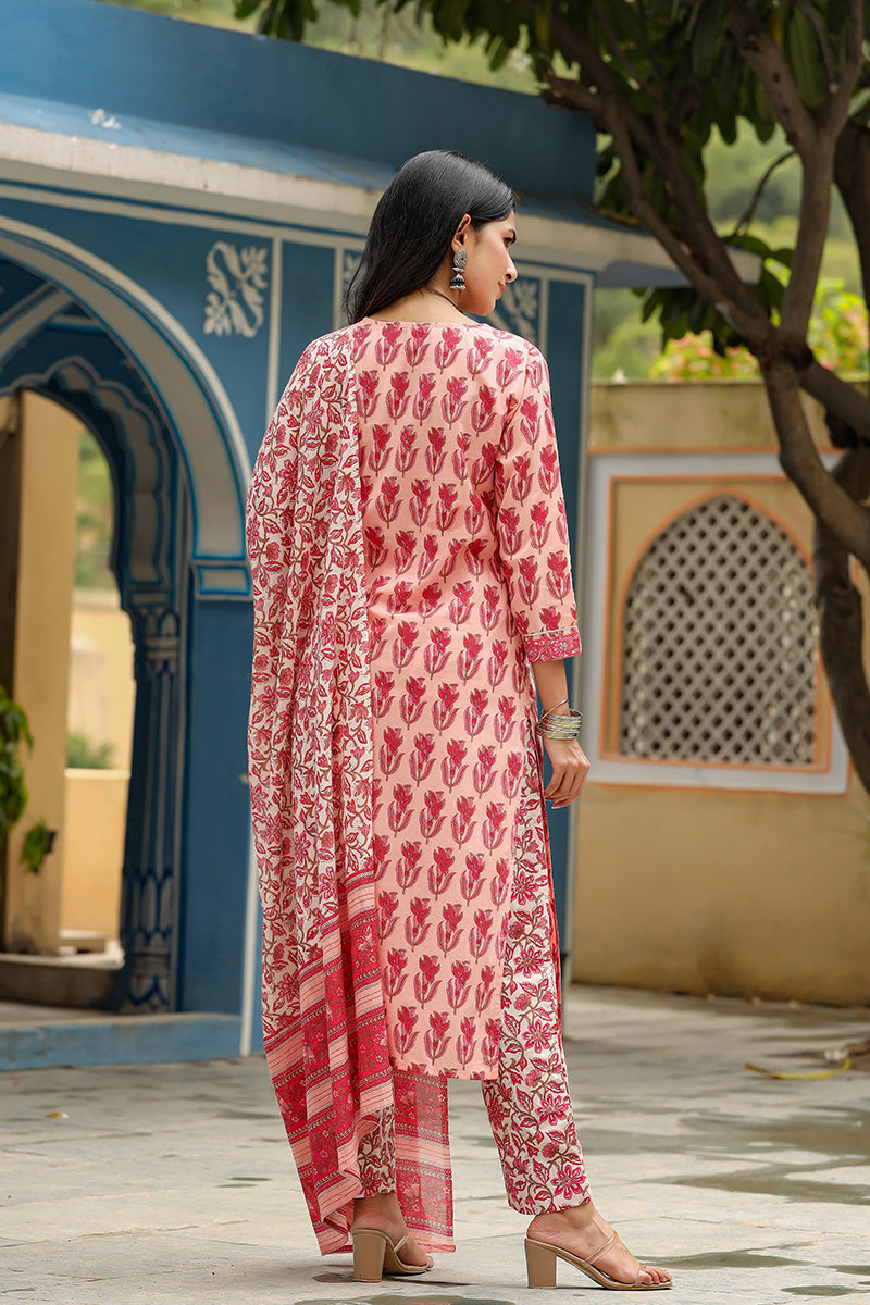 Pink Rayon Blend Floral Printed Straight Suit Set - Pink