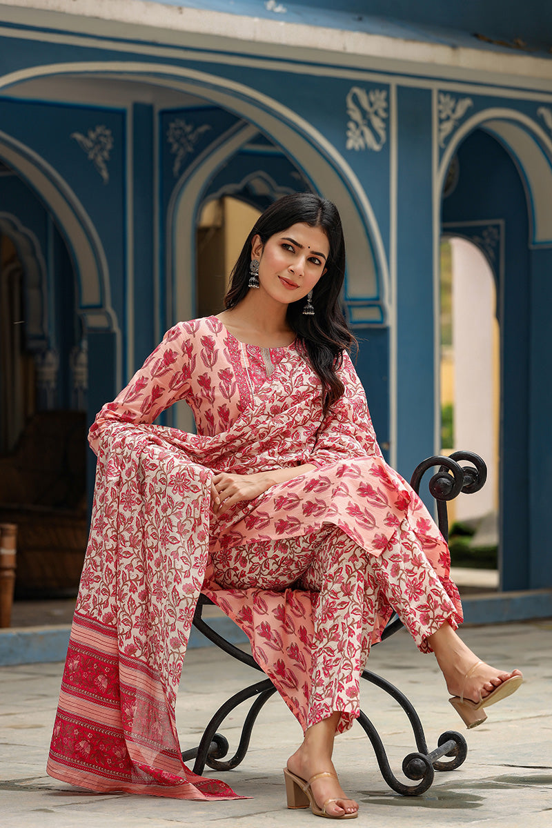 Pink Rayon Blend Floral Printed Straight Suit Set - Pink