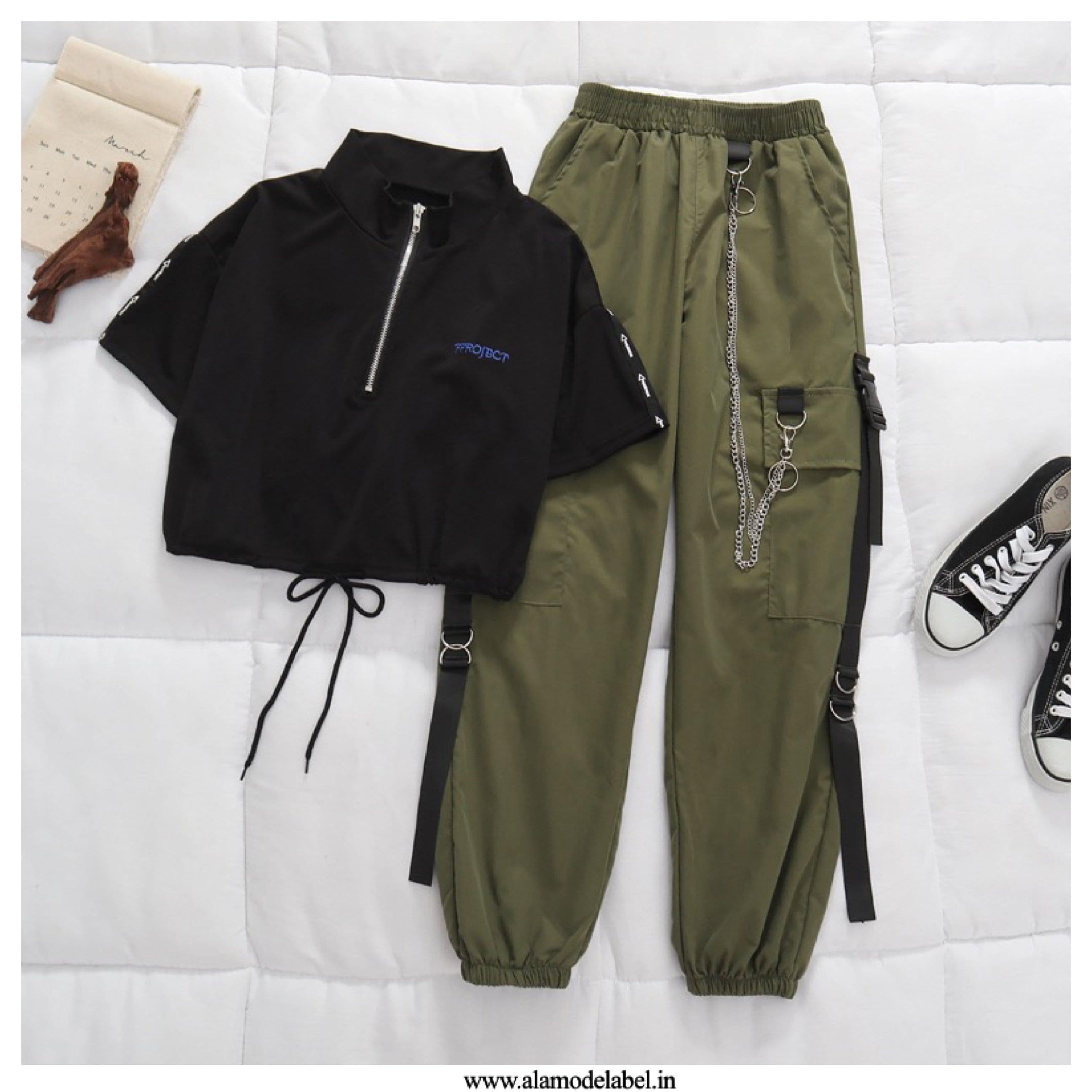 Betty Coord Sets - Black top, Green Pants Set