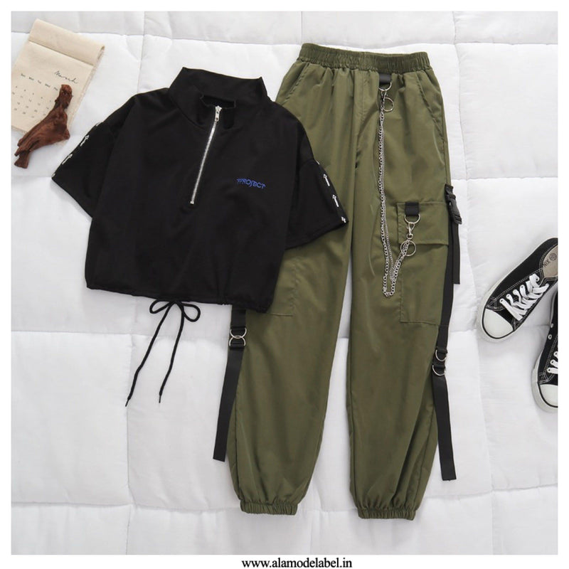 Betty Coord Sets - Black top, Green Pants Set