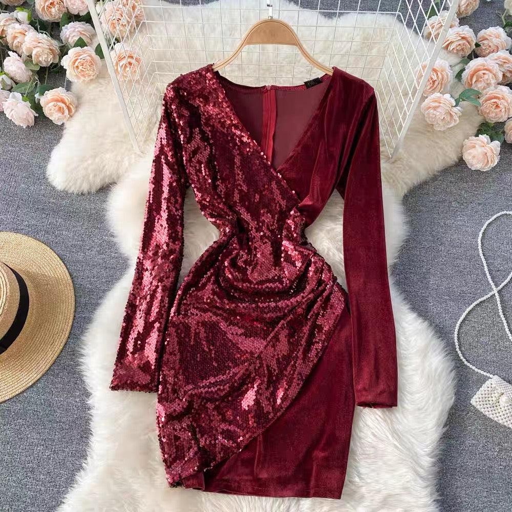 Tinsel Sequined Dress - Maroon