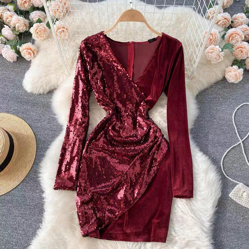 Tinsel Sequined Dress - Maroon