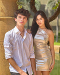 Metallic One Shoulder Party Dress - Metallic Champagne