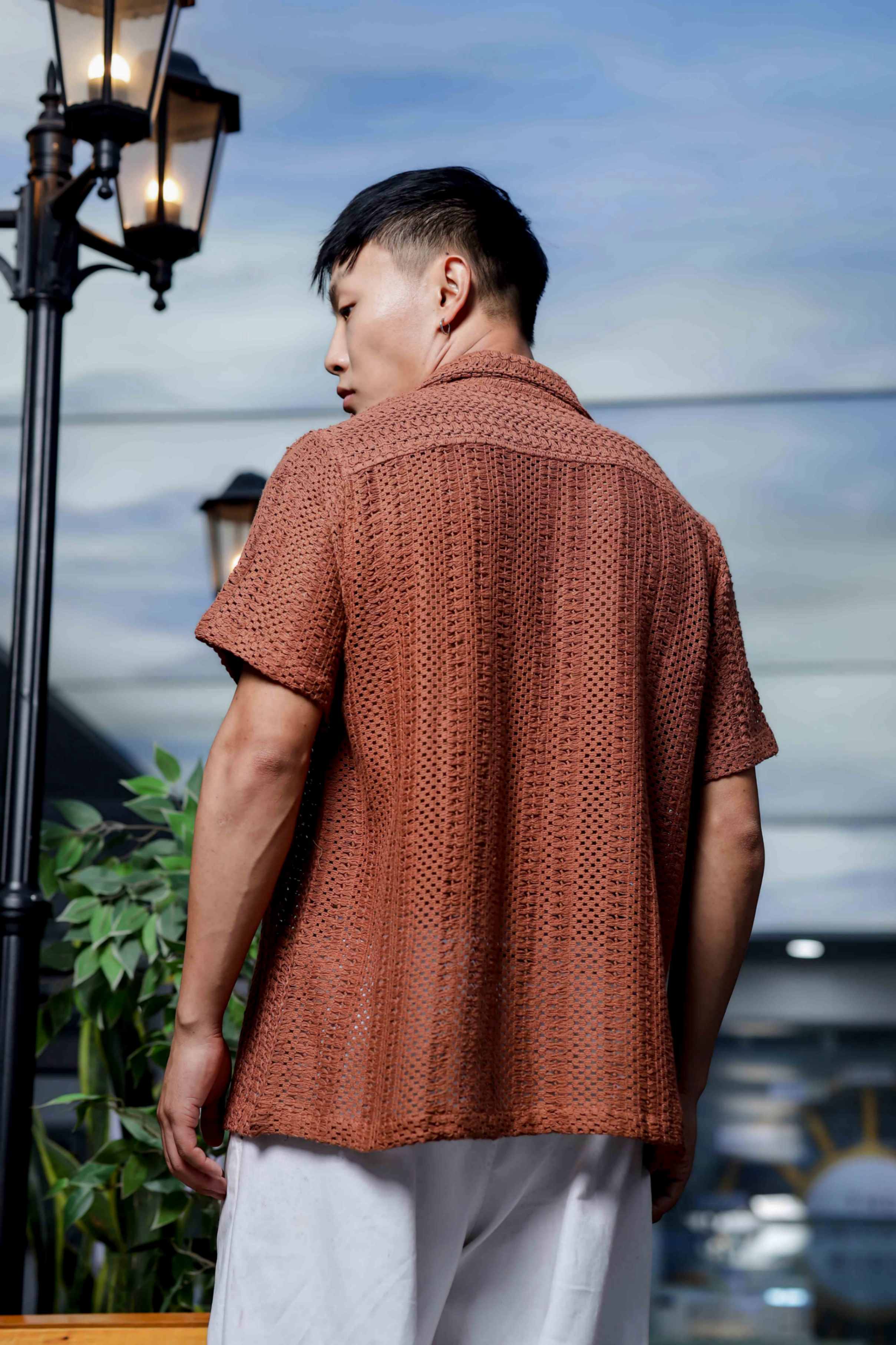 Brown Pure Cotton Crochet Resort Shirt