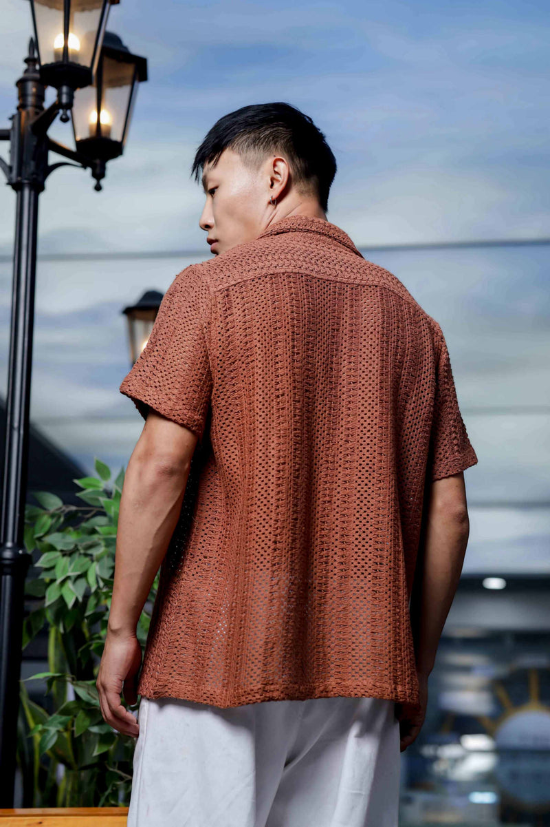 Brown Pure Cotton Crochet Resort Shirt