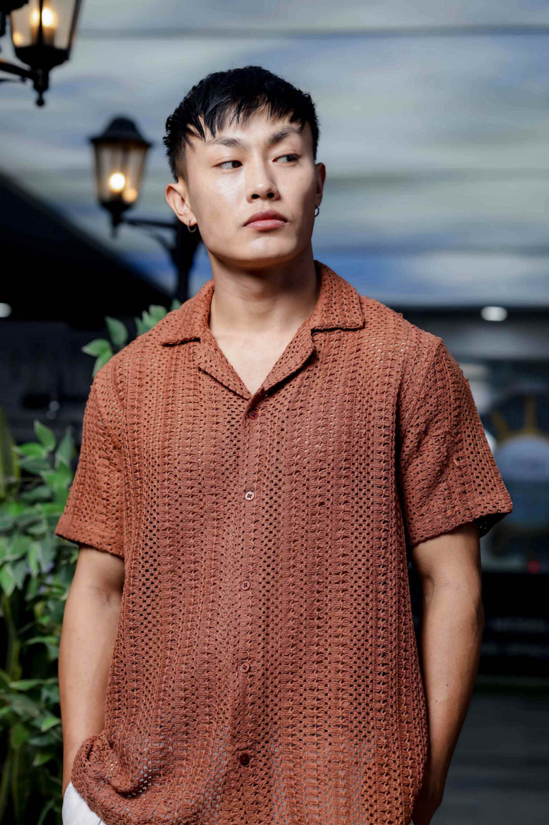 Brown Pure Cotton Crochet Resort Shirt
