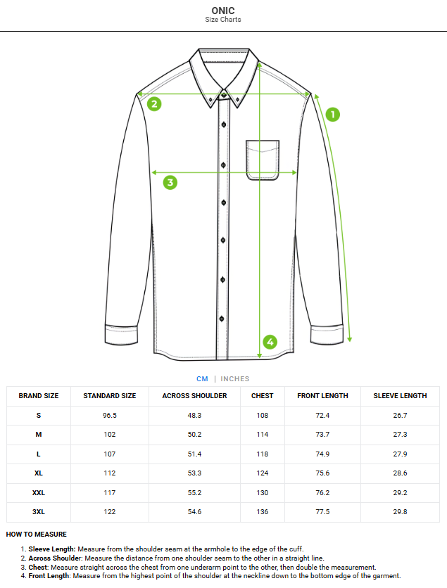 Size chart - product:onic